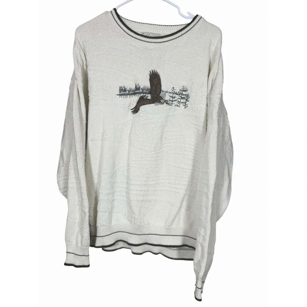 Fieldmaster USA Eagle‎ Sweater XL Cream Textured Knit Bald Eagle Cabin Cottage